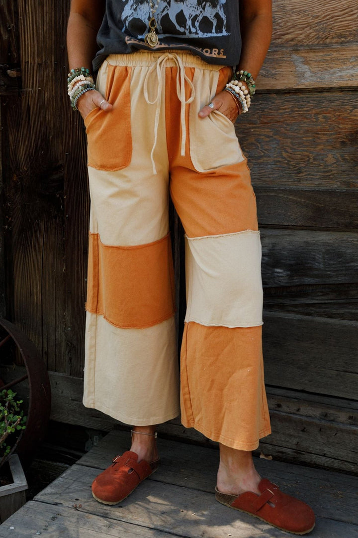 Women’s Russet Orange Colorblock Wide-Leg Cropped Pants