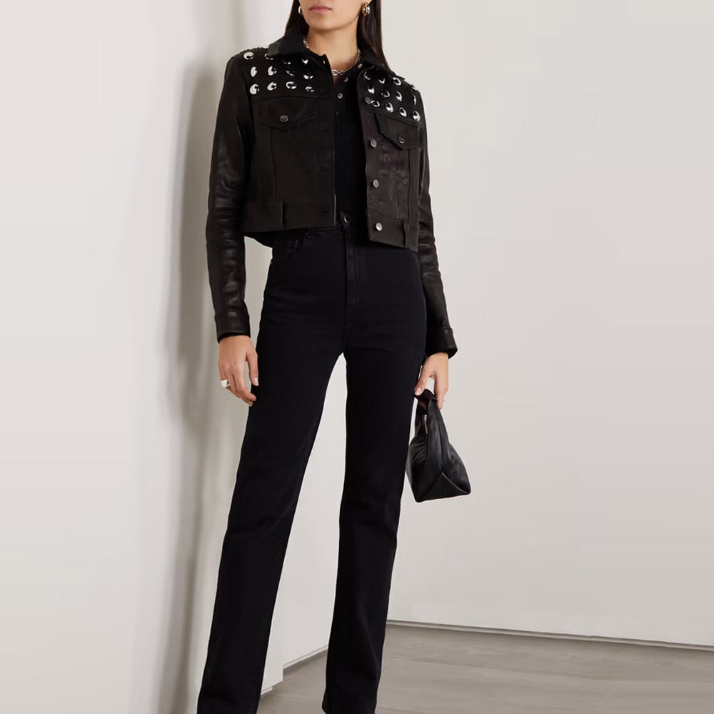 Women’s Black Studded Shearling Cropped Leather Jacket