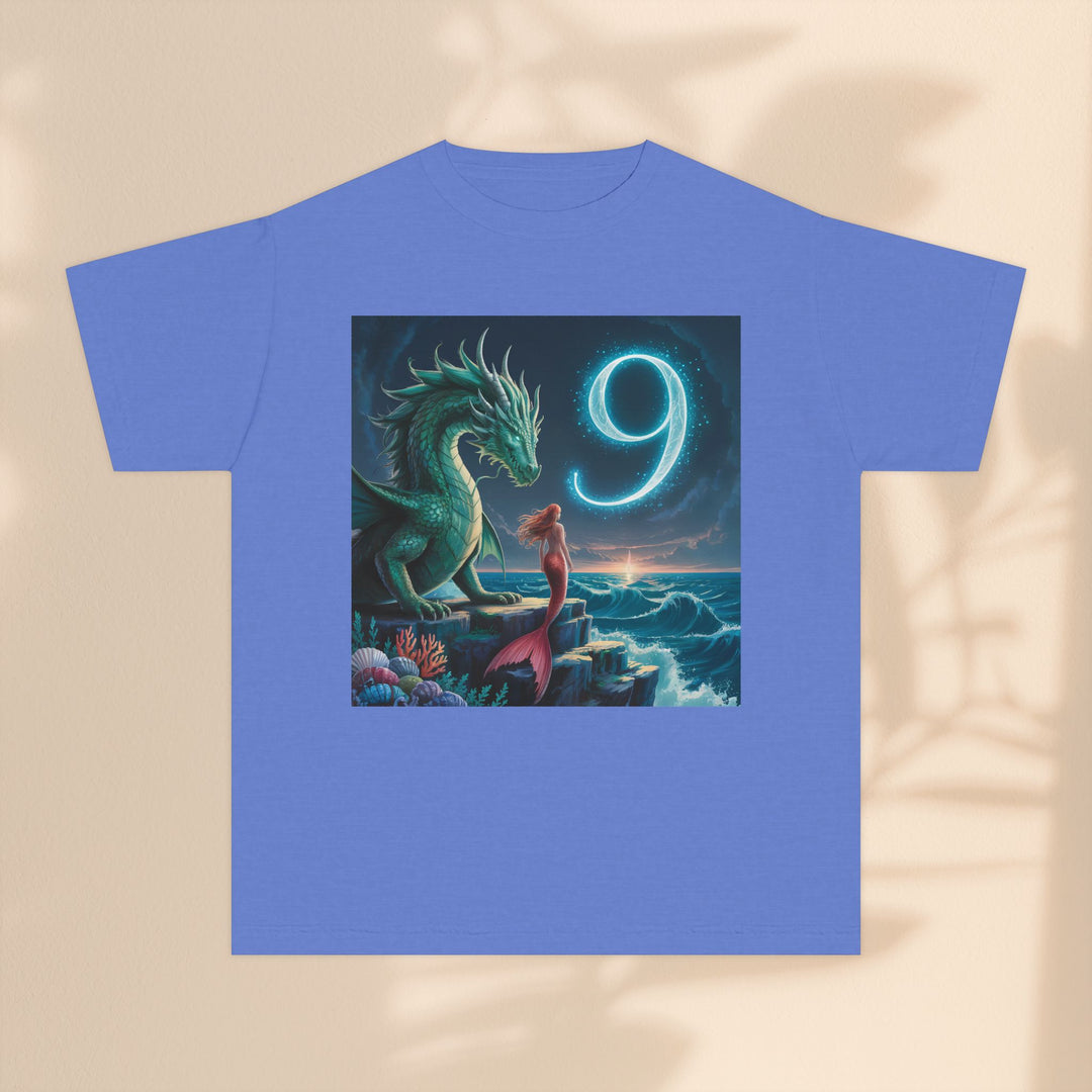 Age 9 Youth Midweight Tee featuring Magical Dragon and Number 9, Kids T-Shirt, Fantasy Apparel, Gift for Young Dreamers, Birthday Celebration Tee