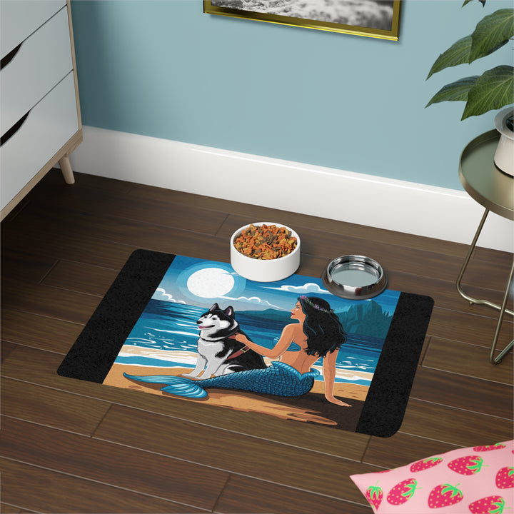 Pet Food Mat (12x18) - Siberian Husky with Mermaid