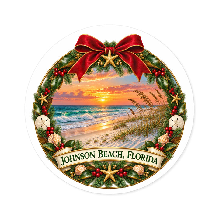 Johnson Beach Florida Christmas Sticker – Holiday Wreath Sunset
