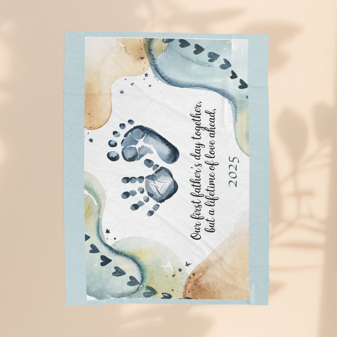 First Father's Day Velveteen Plush Blanket - Custom Handprint Design for Baby's First Year
