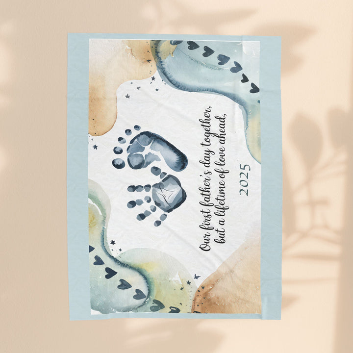 First Father's Day Velveteen Plush Blanket - Custom Handprint Design for Baby's First Year