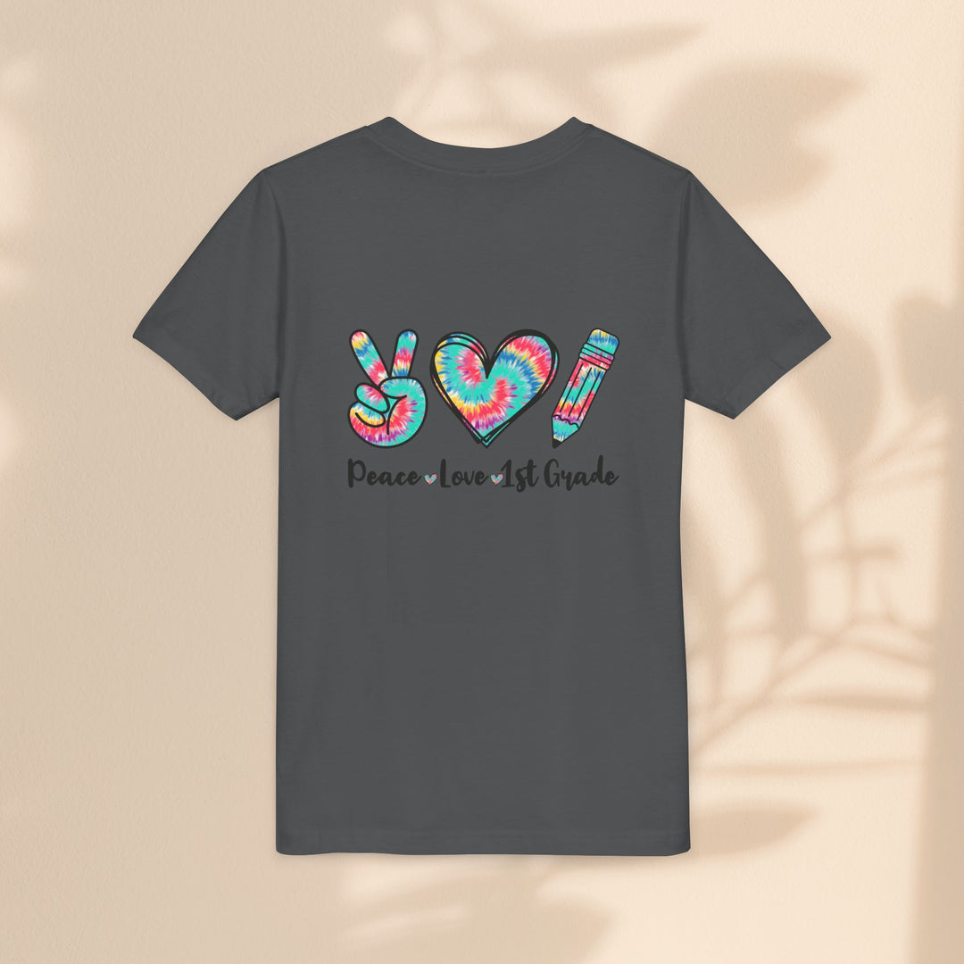 Peace Love 1st Grade Youth Tee, Tie-Dye Kids Shirt, Back to School Outfit, Child's Birthday Gift, Teacher Appreciation Gift