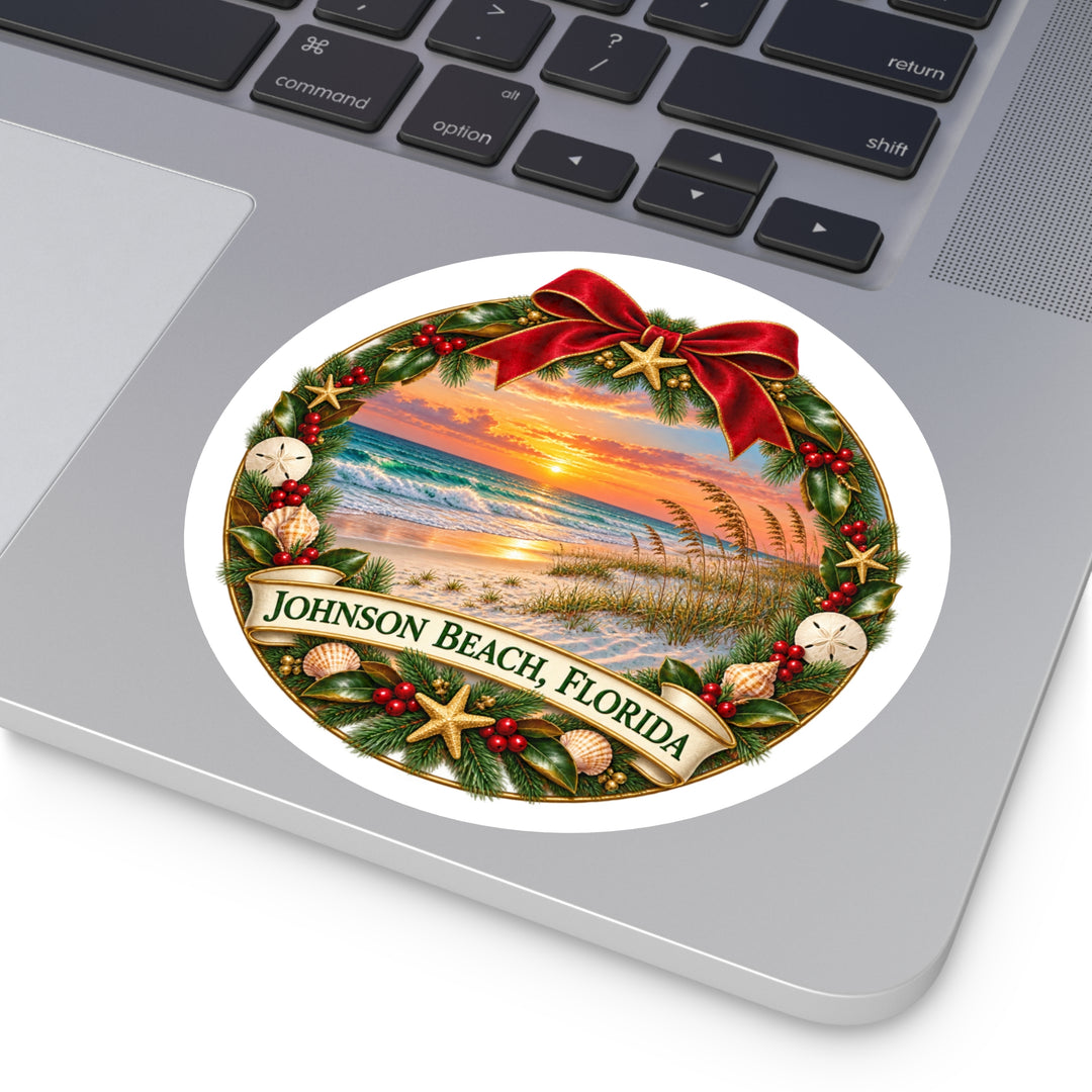 Johnson Beach Florida Christmas Sticker – Holiday Wreath Sunset