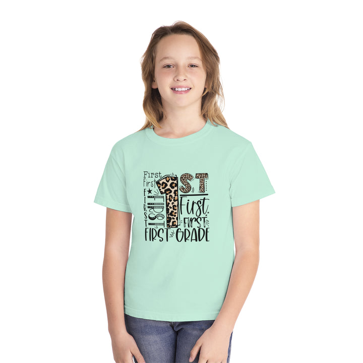 Leopard Print First Grade Youth Tee, Trendy Kids T-Shirt, Back to School Outfit, Gift for First Graders, Fun Learning Apparel