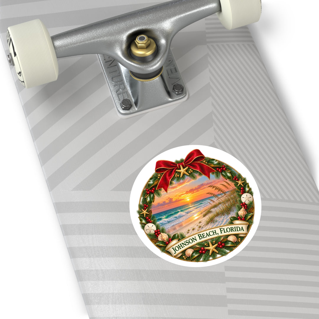 Johnson Beach Florida Christmas Sticker – Holiday Wreath Sunset