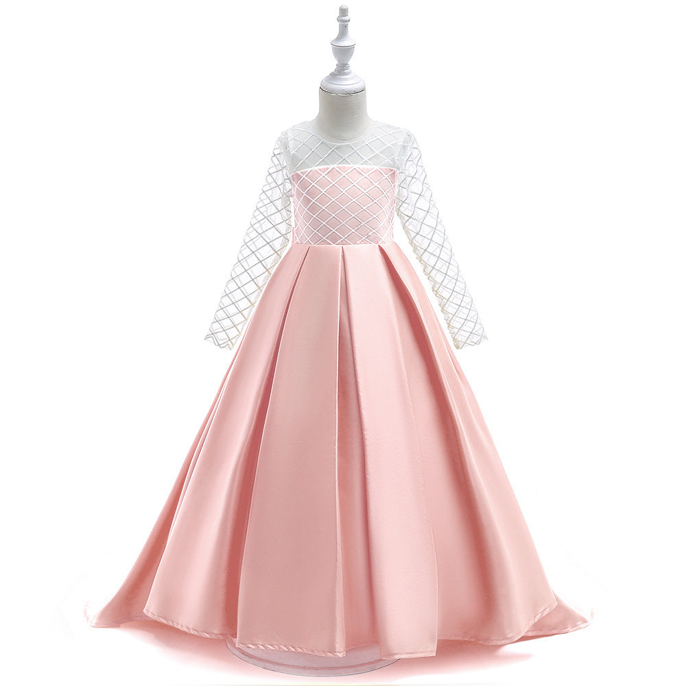Girls’ Mesh Long-Sleeve Princess Dress with Elegant Train