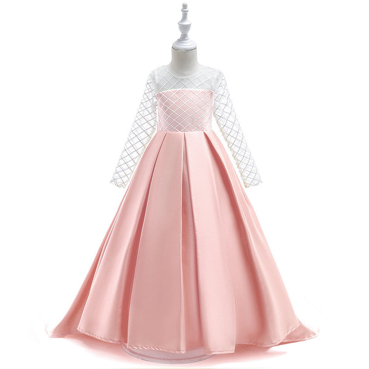 Girls’ Mesh Long-Sleeve Princess Dress with Elegant Train