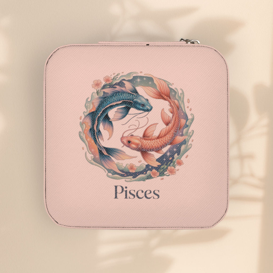 Pisces Zodiac Jewelry Travel Case — Compact Pink Ring & Earring Organizer