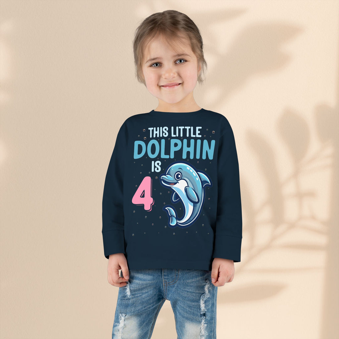 Dolphin Birthday Tee for 4-Year-Olds, Cute Dolphin Birthday Tee for Kids, Toddler Long Sleeve, 4th Birthday Gift, Ocean-Themed Shirt