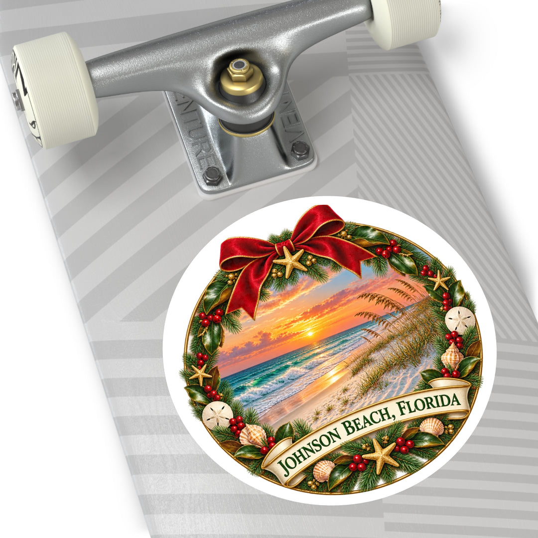 Johnson Beach Florida Christmas Sticker – Holiday Wreath Sunset