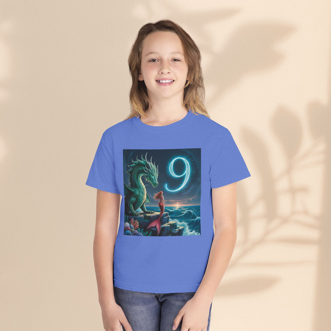 Age 9 Youth Midweight Tee featuring Magical Dragon and Number 9, Kids T-Shirt, Fantasy Apparel, Gift for Young Dreamers, Birthday Celebration Tee