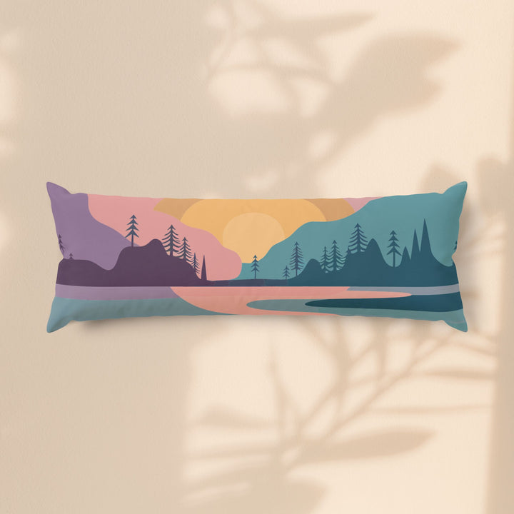 Sunset Mountain Landscape Body Pillow — Cozy Nature Decorative Lumbar Pillow