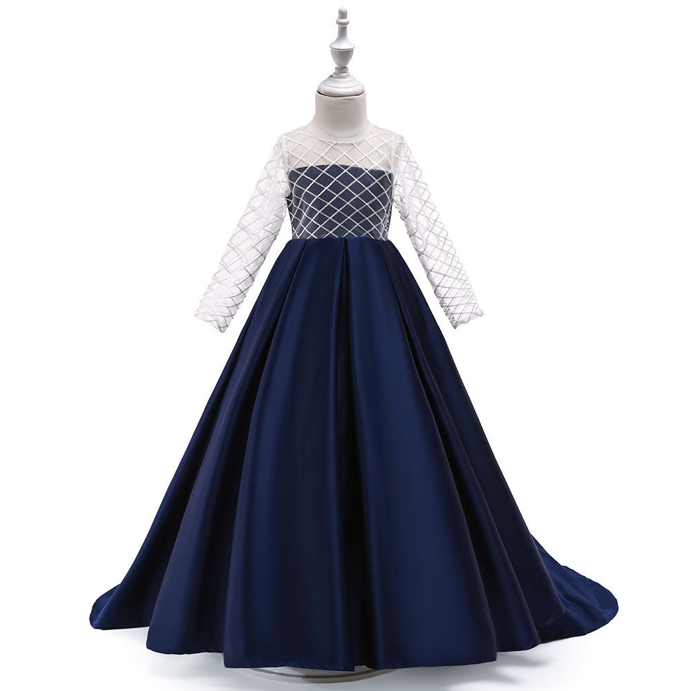 Girls’ Mesh Long-Sleeve Princess Dress with Elegant Train