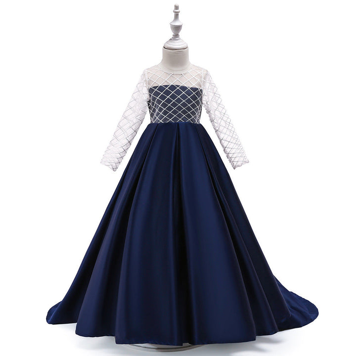 Girls’ Mesh Long-Sleeve Princess Dress with Elegant Train