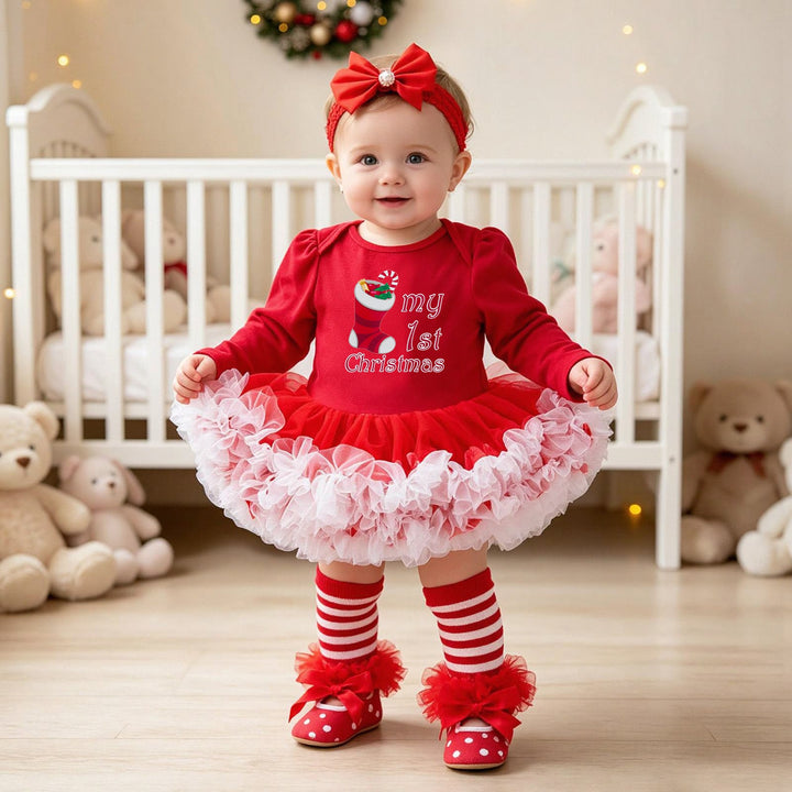 Baby Christmas Romper Dress with Red Tulle 4-Piece Set