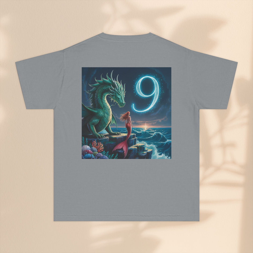 Age 9 Youth Midweight Tee featuring Magical Dragon and Number 9, Kids T-Shirt, Fantasy Apparel, Gift for Young Dreamers, Birthday Celebration Tee