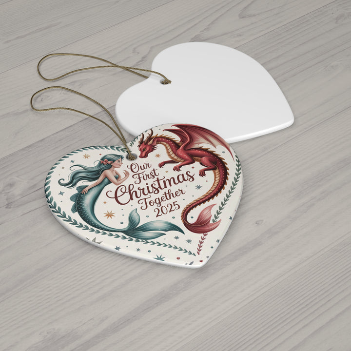 Mermaid & Dragon First Christmas Together 2025 Ceramic Ornament – Fantasy Couple Keepsake