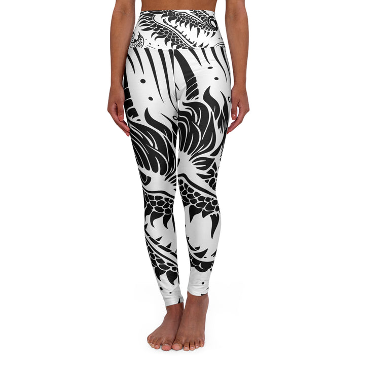 High Waisted Yoga Leggings - Dragon Black and White