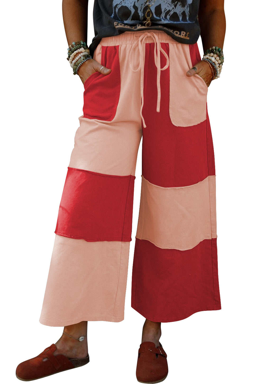 Women’s Russet Orange Colorblock Wide-Leg Cropped Pants