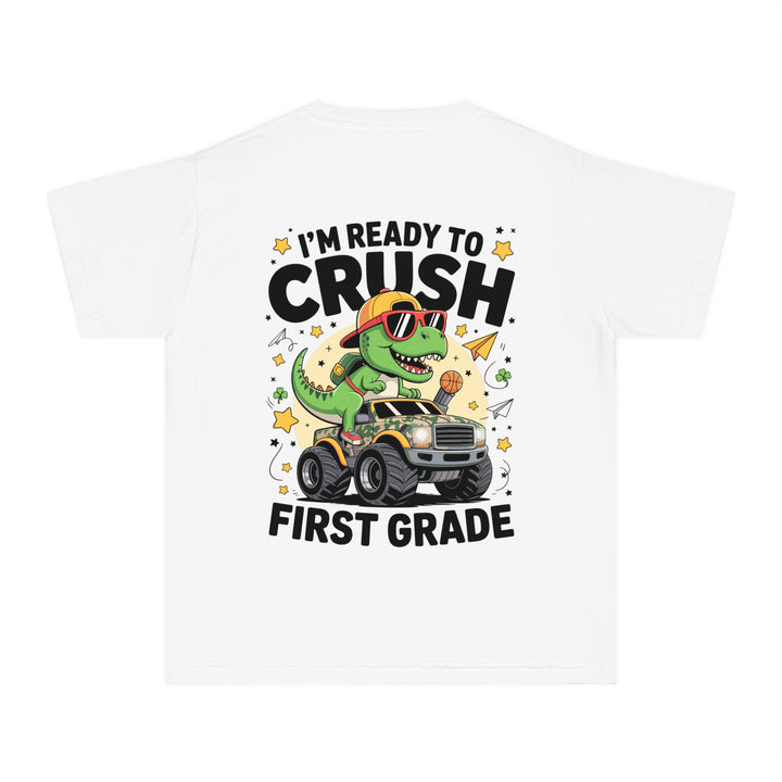 Youth Midweight Tee, Fun Dino T-Shirt, First Grade Shirt, Kids Birthday Gift, Back to School Apparel, Cute Graphic Tee, Dinosaur Print