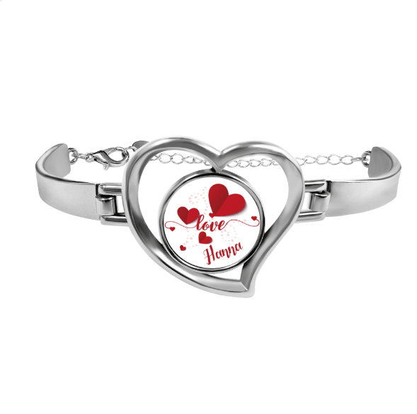 Personalized Name Heart Bangle Bracelet in Silver