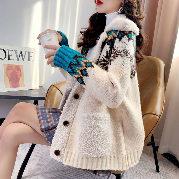 Korean-Style Relaxed-Fit Lambswool-Style Coat for Women