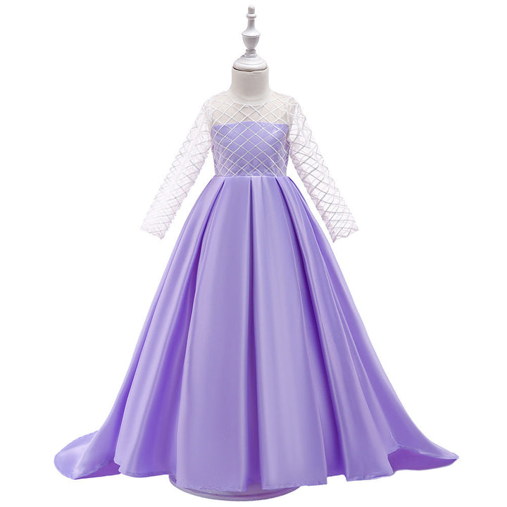Girls’ Mesh Long-Sleeve Princess Dress with Elegant Train