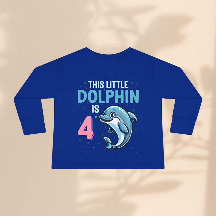 Dolphin Birthday Tee for 4-Year-Olds, Cute Dolphin Birthday Tee for Kids, Toddler Long Sleeve, 4th Birthday Gift, Ocean-Themed Shirt