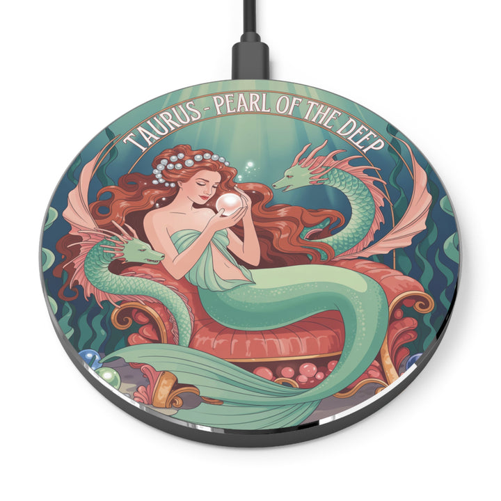 Mermaid Taurus Wireless Charger, Taurus Gift, Astrology Decor, Celestial Phone Charger, Unique Desk Accessory