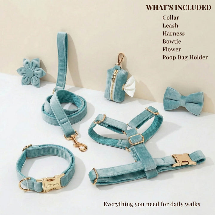 Green Ocean Velvet Personalized Dog Harness, Collar & Leash Set