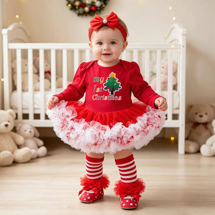 Baby Christmas Romper Dress with Red Tulle 4-Piece Set