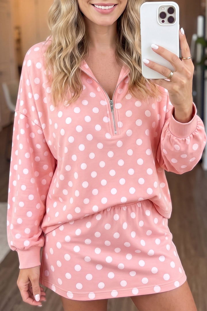 Women’s Pink Polka Dot Hooded Top and Mini Skort Set