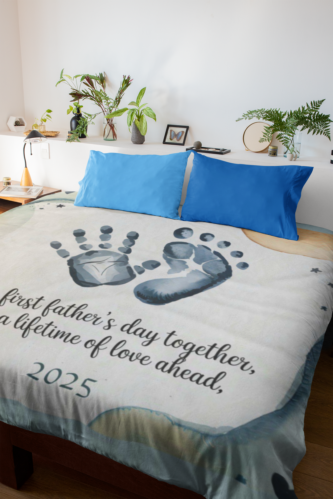 First Father's Day Velveteen Plush Blanket - Custom Handprint Design for Baby's First Year