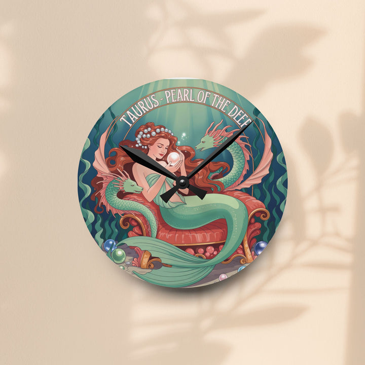 Taurus Mermaid Acrylic Wall Clock — “Pearl of the Deep” Zodiac Home Decor