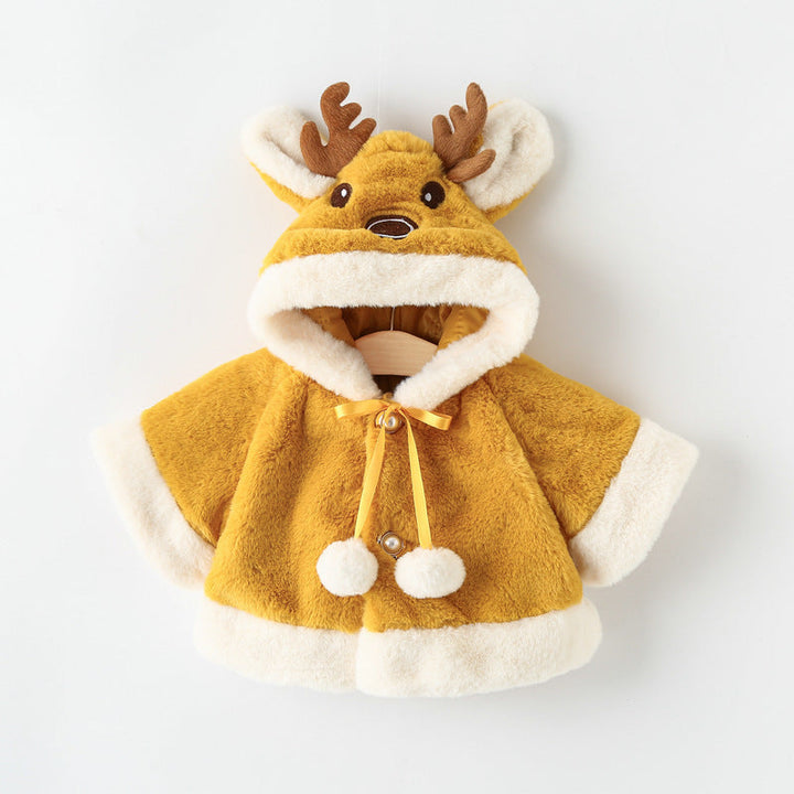 Girls’ Thick Fleece Hooded Cape – Cute Cartoon Winter Poncho