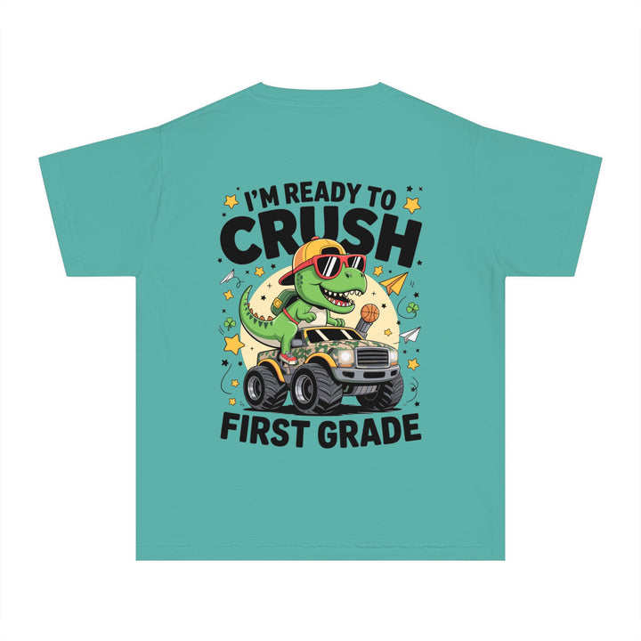 Youth Midweight Tee, Fun Dino T-Shirt, First Grade Shirt, Kids Birthday Gift, Back to School Apparel, Cute Graphic Tee, Dinosaur Print
