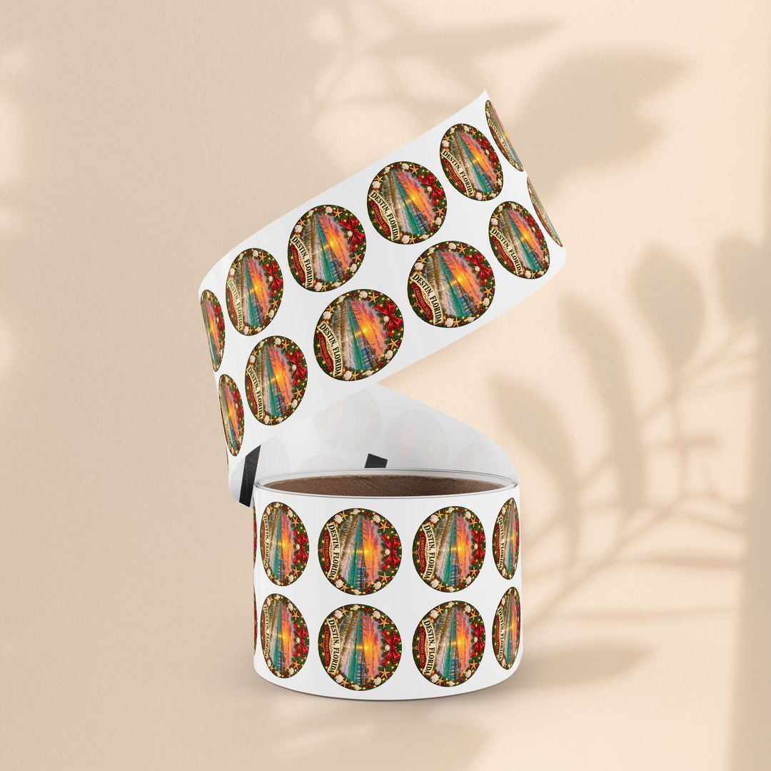 Destin, Florida Christmas Round Sticker Rolls – Holiday Beach Sunset Labels (Pack)