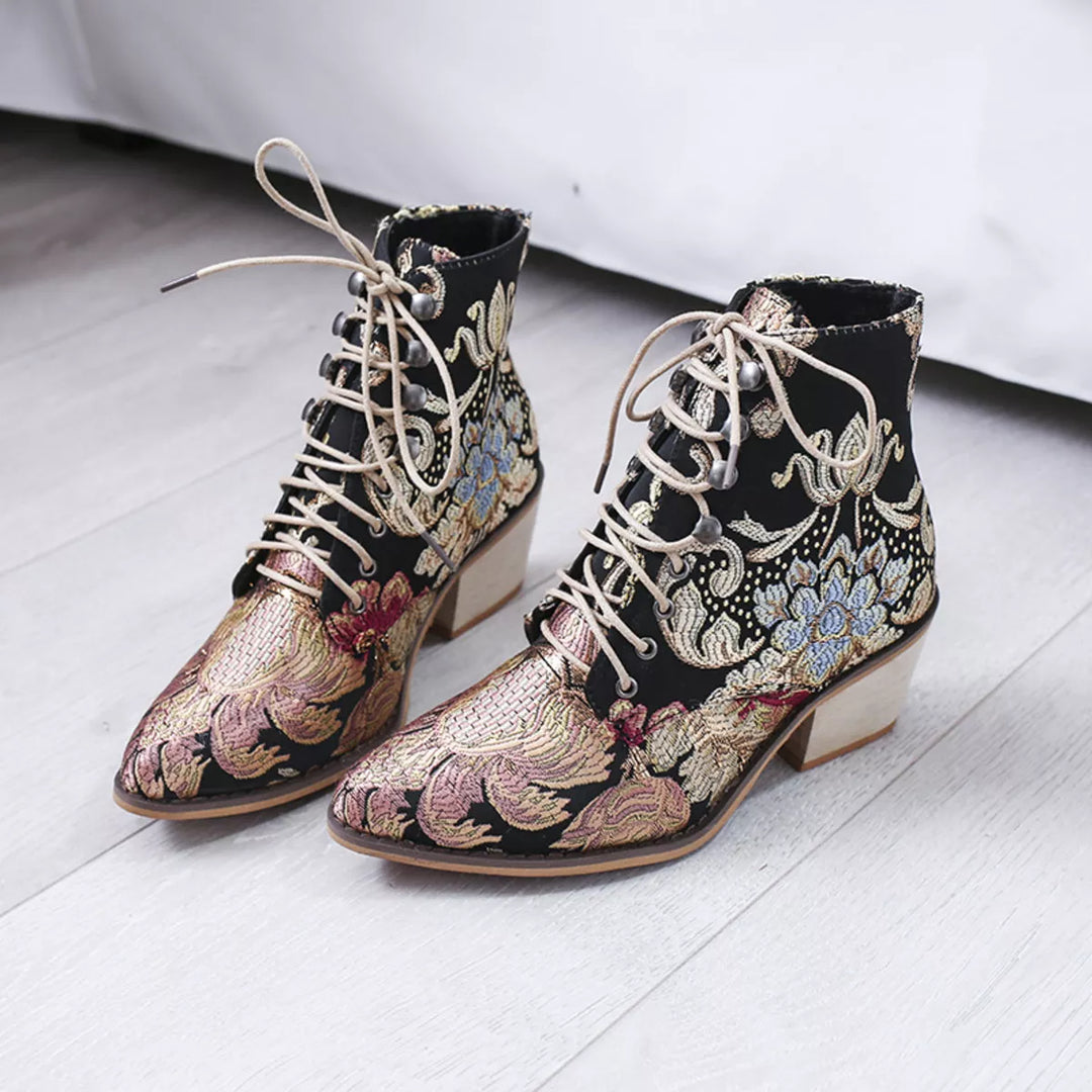 Embroidered Floral Lace-Up Ankle Boots – Vintage Boho Style