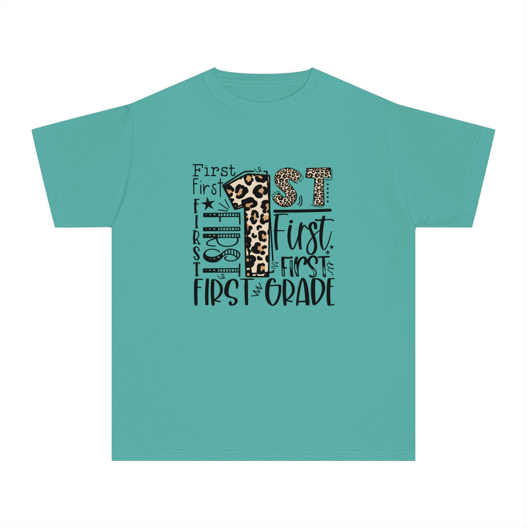 Leopard Print First Grade Youth Tee, Trendy Kids T-Shirt, Back to School Outfit, Gift for First Graders, Fun Learning Apparel