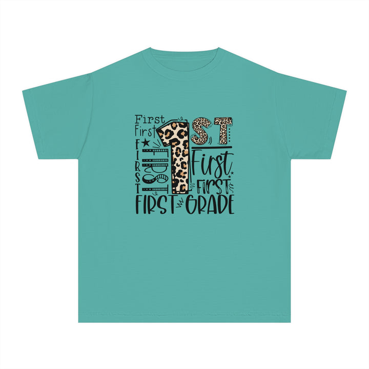 Leopard Print First Grade Youth Tee, Trendy Kids T-Shirt, Back to School Outfit, Gift for First Graders, Fun Learning Apparel