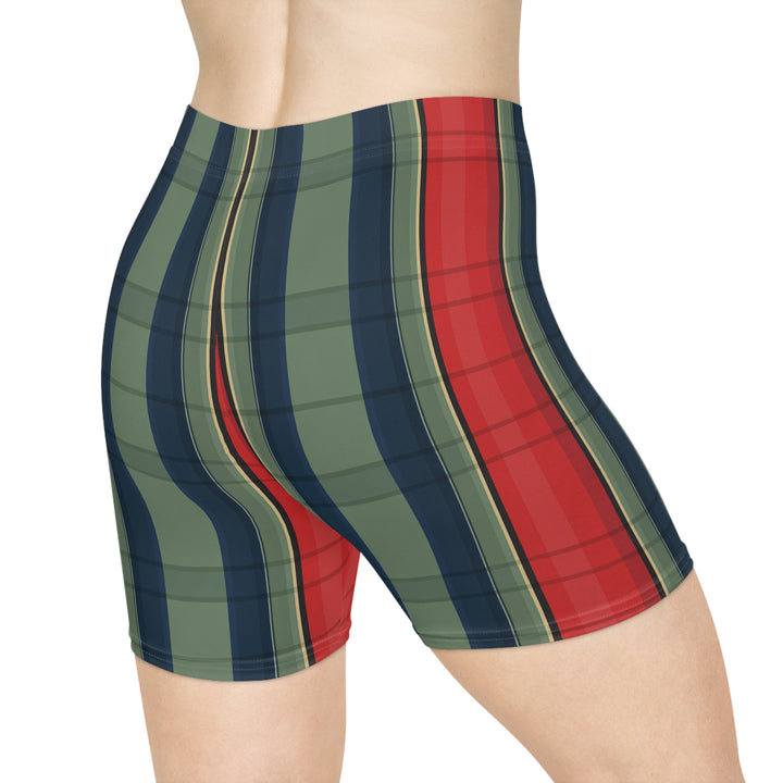 Retro Green & Red Plaid Stripe Biker Shorts — Plaid Stripe AOP