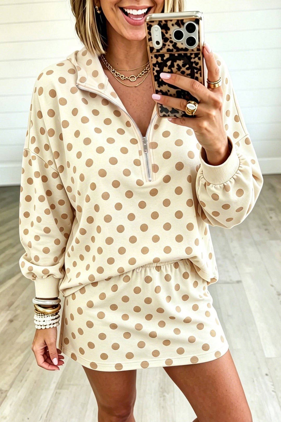 Women’s Pink Polka Dot Hooded Top and Mini Skort Set