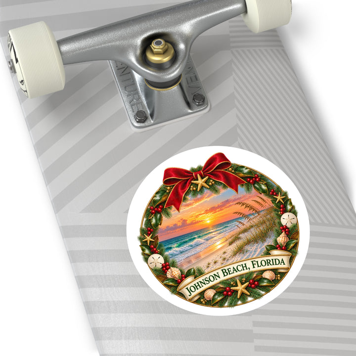 Johnson Beach Florida Christmas Sticker – Holiday Wreath Sunset
