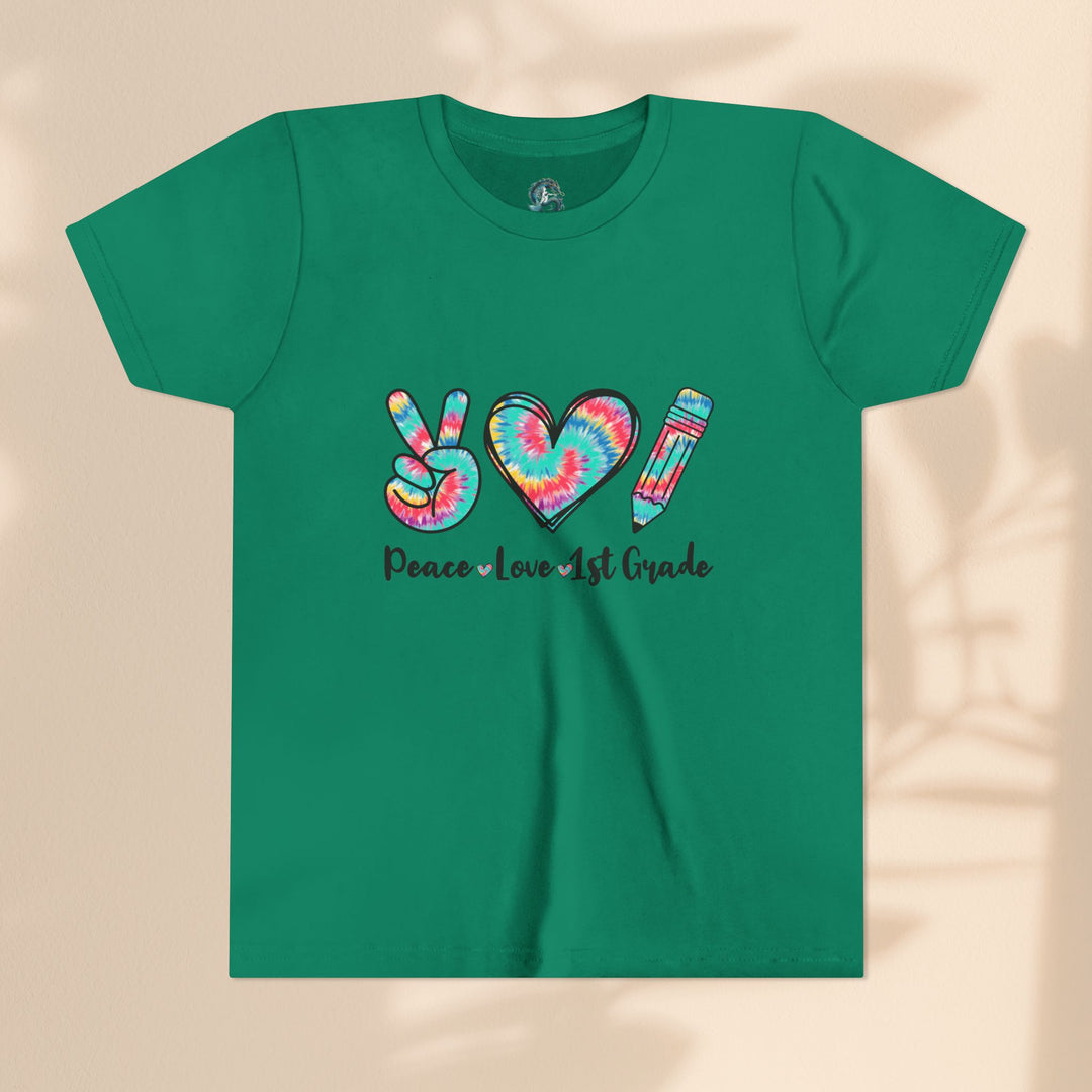 Peace Love 1st Grade Youth Tee, Tie-Dye Kids Shirt, Back to School Outfit, Child's Birthday Gift, Teacher Appreciation Gift