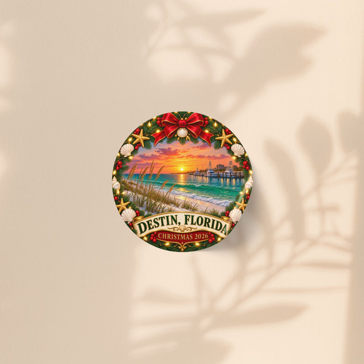 Destin, Florida Christmas Round Sticker Rolls – Holiday Beach Sunset Labels (Pack)