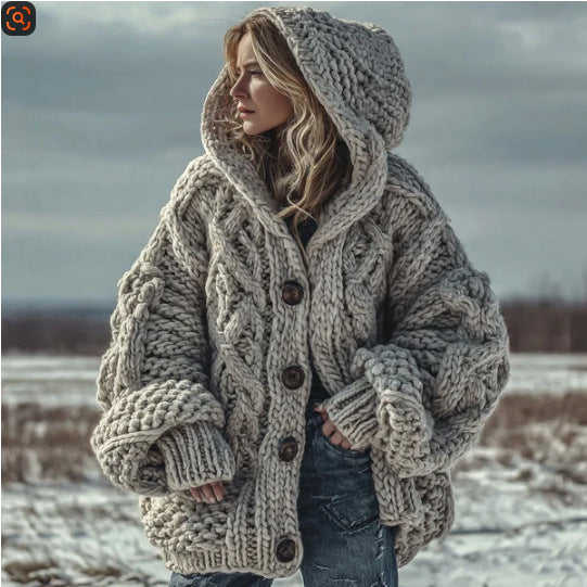 Women’s Long Loose-Fit Round-Neck Knitted Cardigan