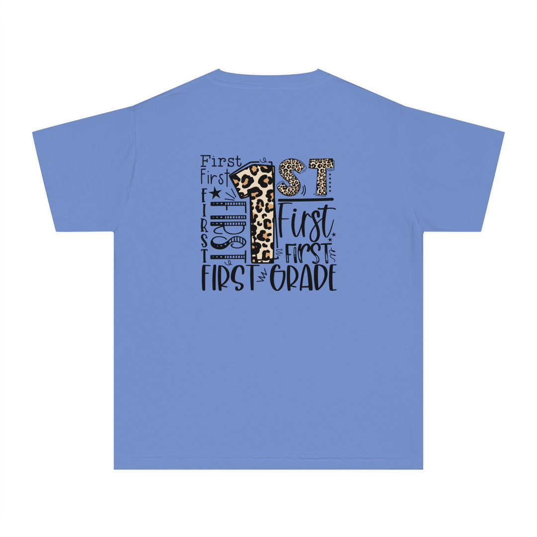 Leopard Print First Grade Youth Tee, Trendy Kids T-Shirt, Back to School Outfit, Gift for First Graders, Fun Learning Apparel