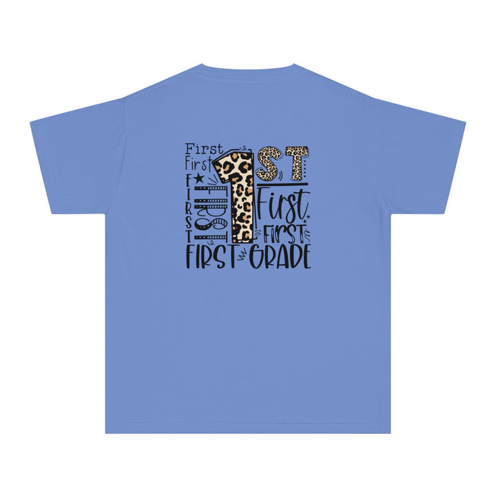 Leopard Print First Grade Youth Tee, Trendy Kids T-Shirt, Back to School Outfit, Gift for First Graders, Fun Learning Apparel